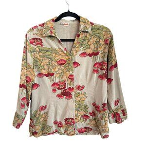 Tianello Womens Floral Button-Up Shirt Medium Beige Red USA Tencel Bohemian